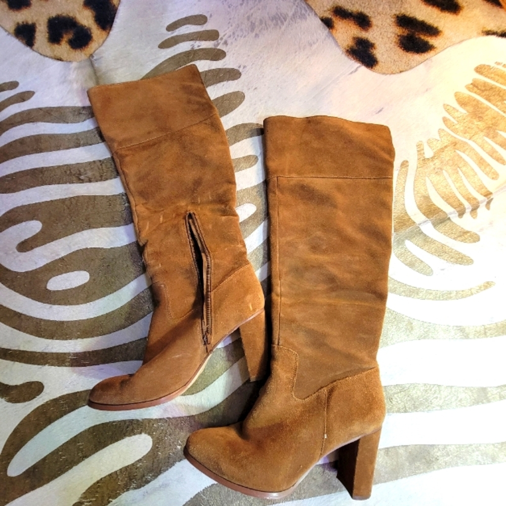 Brown Tan Suede Knee-High Boots Size 9.5 Wide Calf